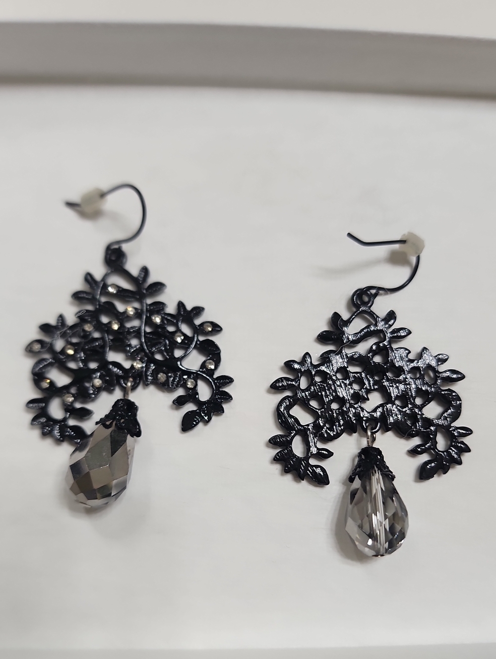 Black Filigree Drop Earrings with Smoky Teardrop Crystal